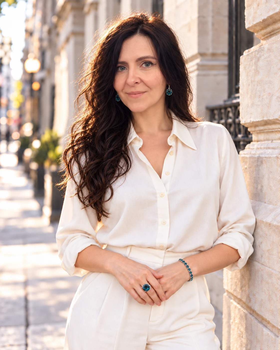 Alisa Pleasance, smiling, in an ivory shirt and aquamarine jewellery on a sunny city street